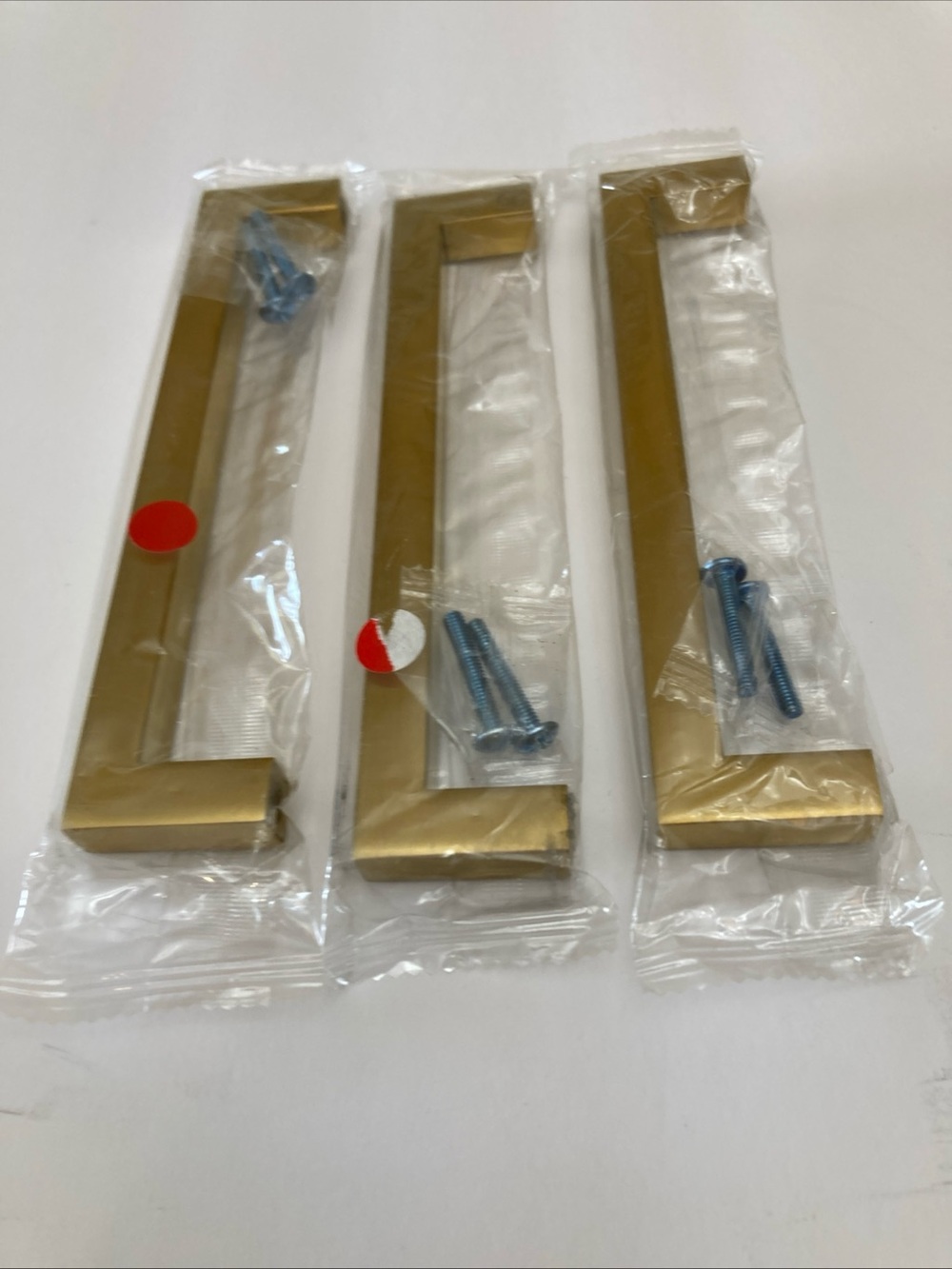 Brushed Brass Rectangle Cabinet Pulls/Handles with hard. Set of 3 new in package